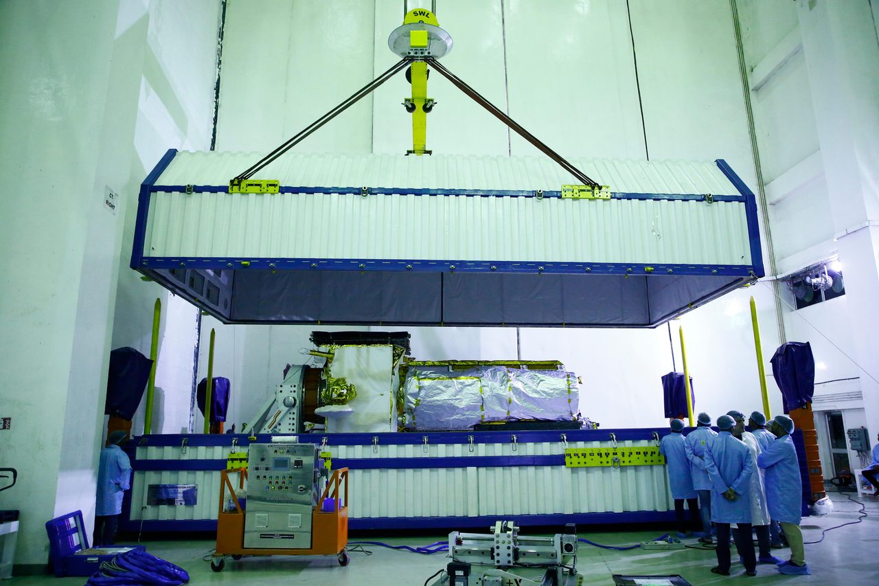 NISAR satellite being unpacked at Satish Dhawan Space Centre after arrival from Bengaluru.