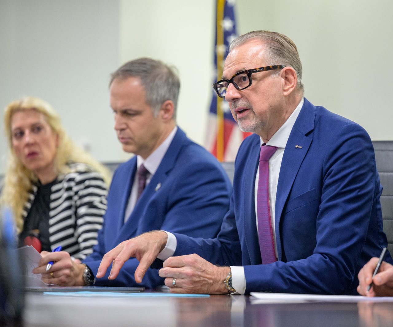 NASA Administrator Isaacman and ESA Director General Aschbacher in a formal meeting.