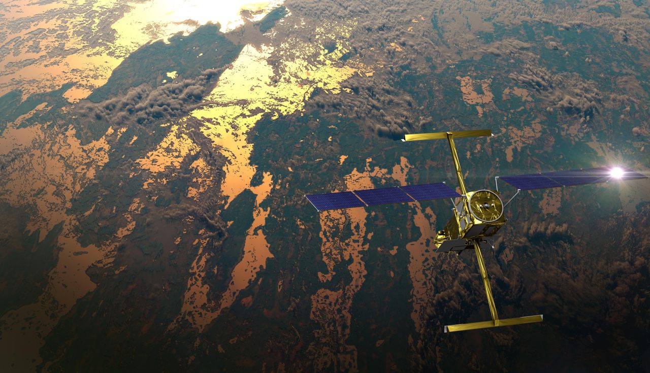 Illustration of SWOT satellite orbiting Earth, with sunlight reflecting off solar panels and deployed antennas.