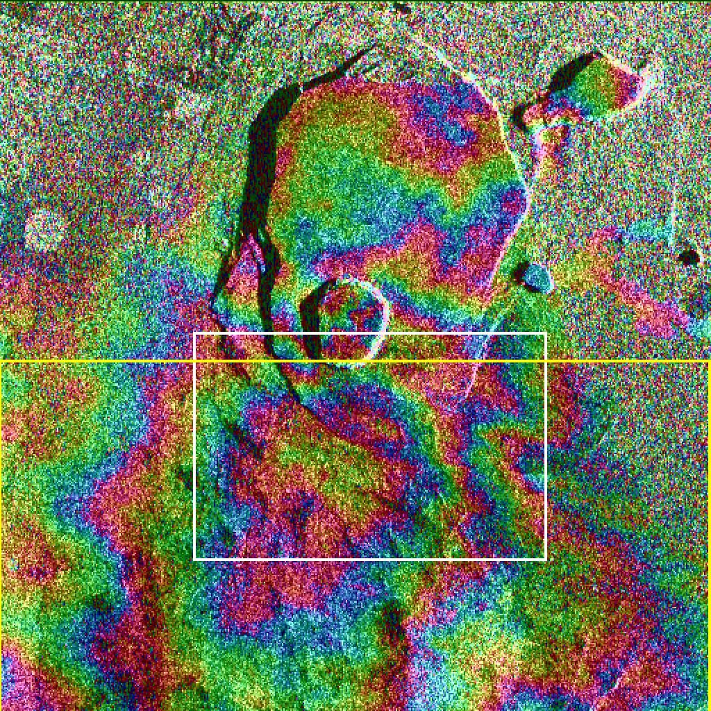 Colorful radar image of Kilauea volcano, Hawaii, highlighting geological features and lava flows.