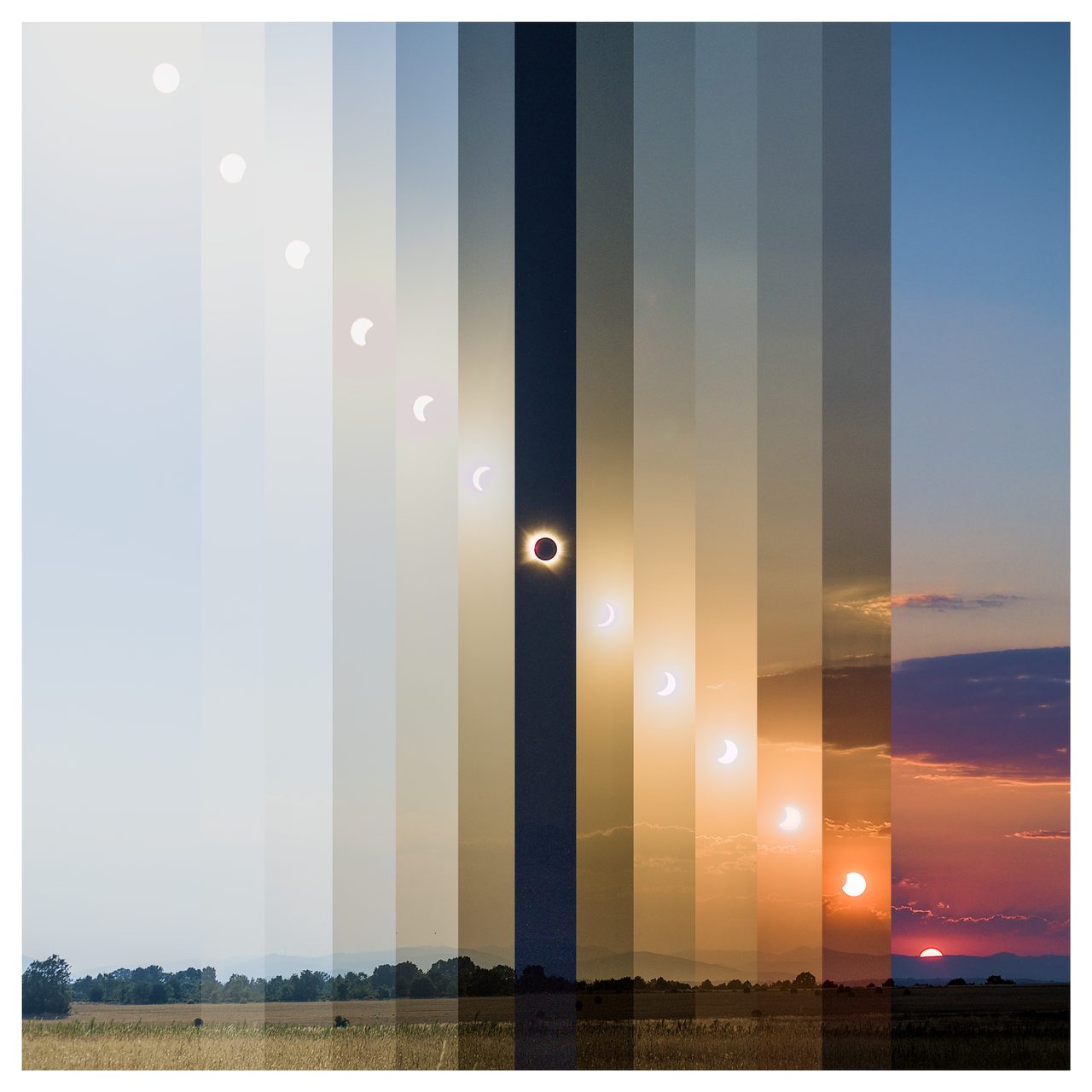 A total solar eclipse casting a shadow over a cultural landmark during daylight.