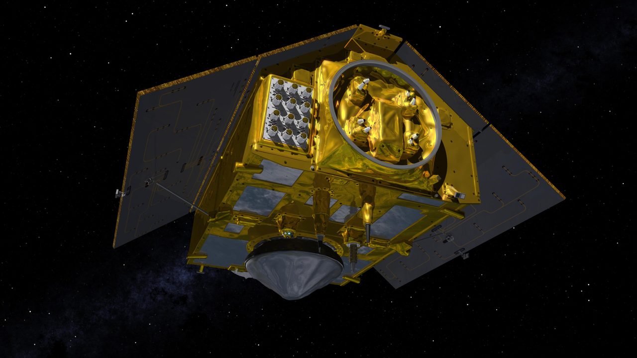 Illustration of Sentinel-6 Michael Freilich satellite with solar panels extended, orbiting above Earth.
