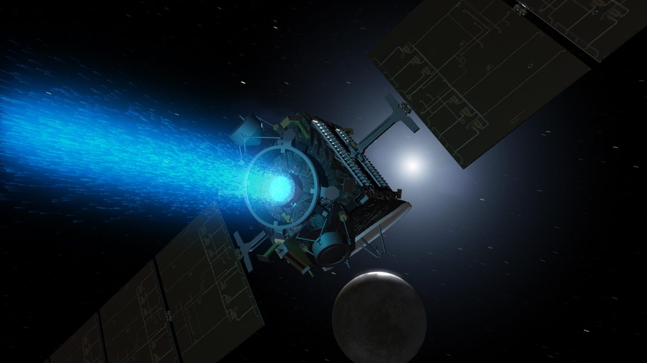 Artist's concept of NASA's Dawn spacecraft approaching Ceres, showcasing blue ion propulsion glow.
