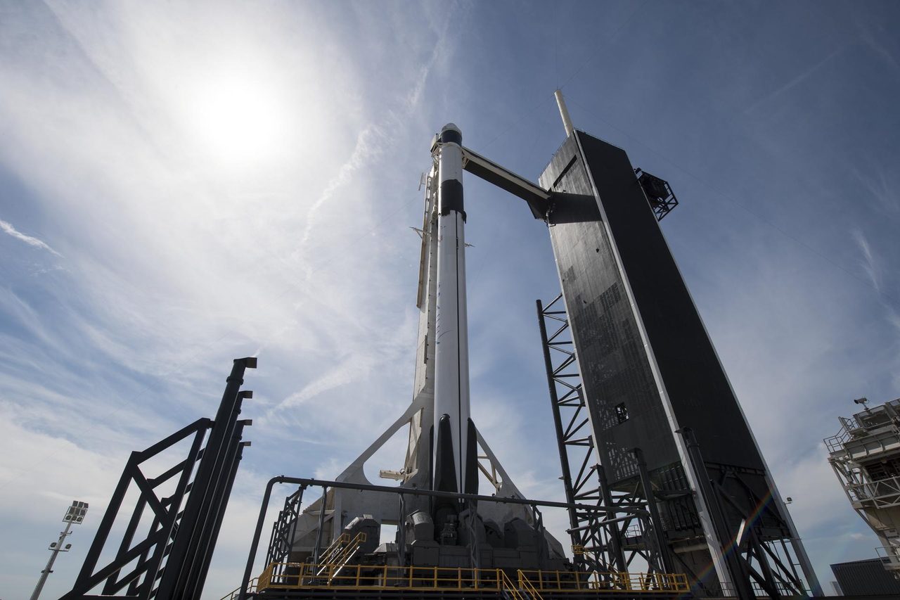 A SpaceX Falcon 9 rocket with Crew Dragon on Launch Complex 39A before the Demo-1 mission