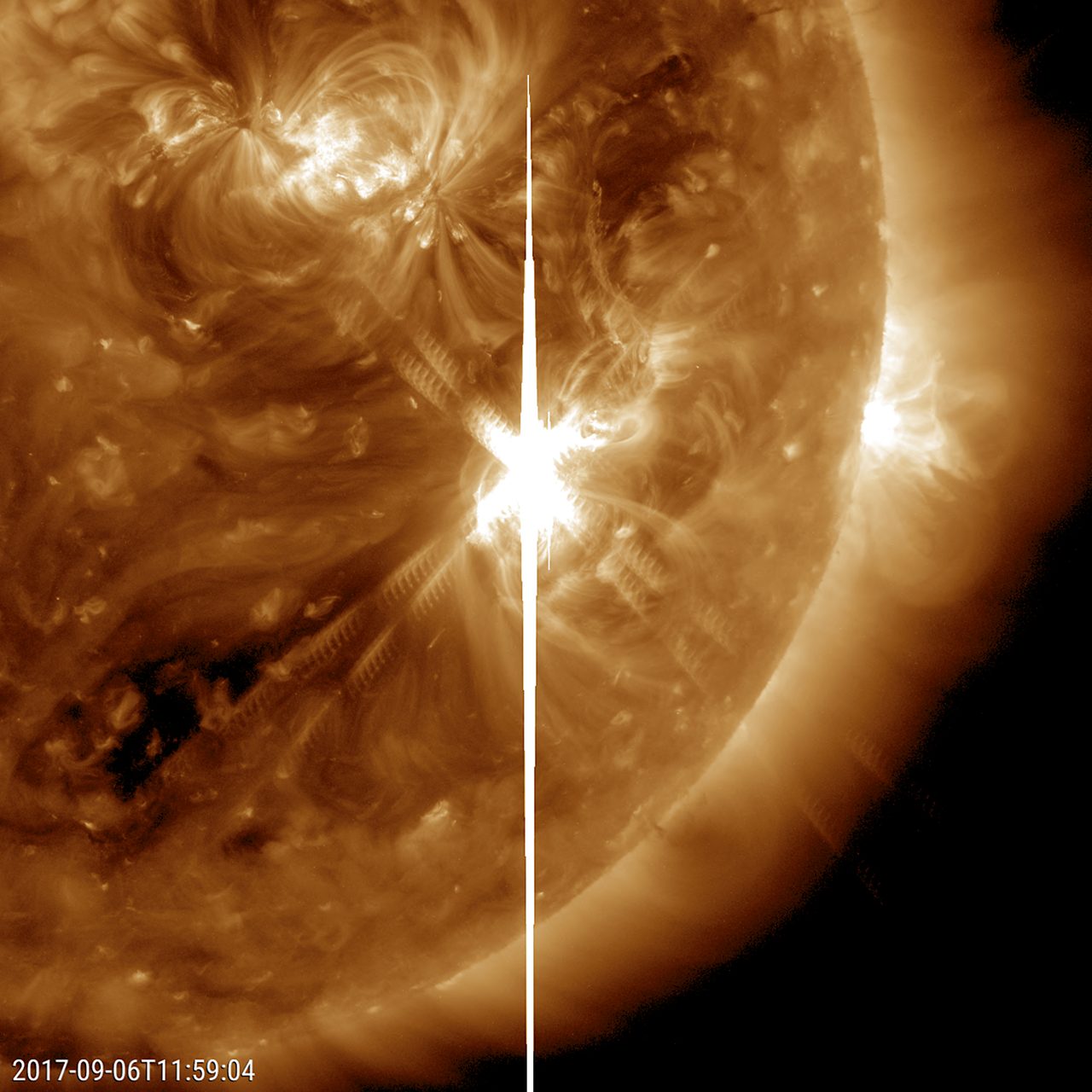 NASA image of a large sunspot and powerful solar flare captured on September 6, 2017, by Solar Dynamics Observatory.