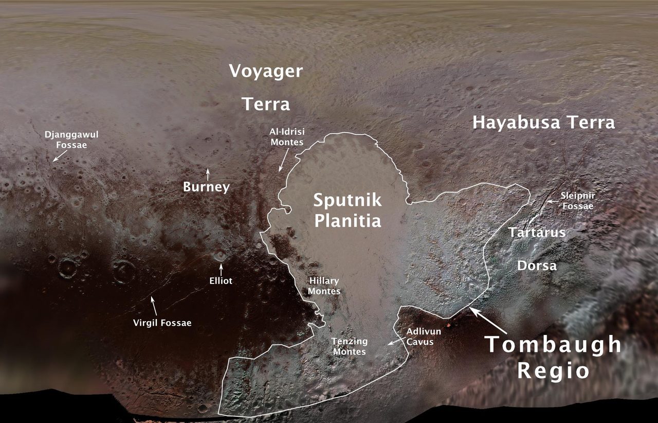 NASA's New Horizons image showing labeled features on Pluto's surface with official names overlay.