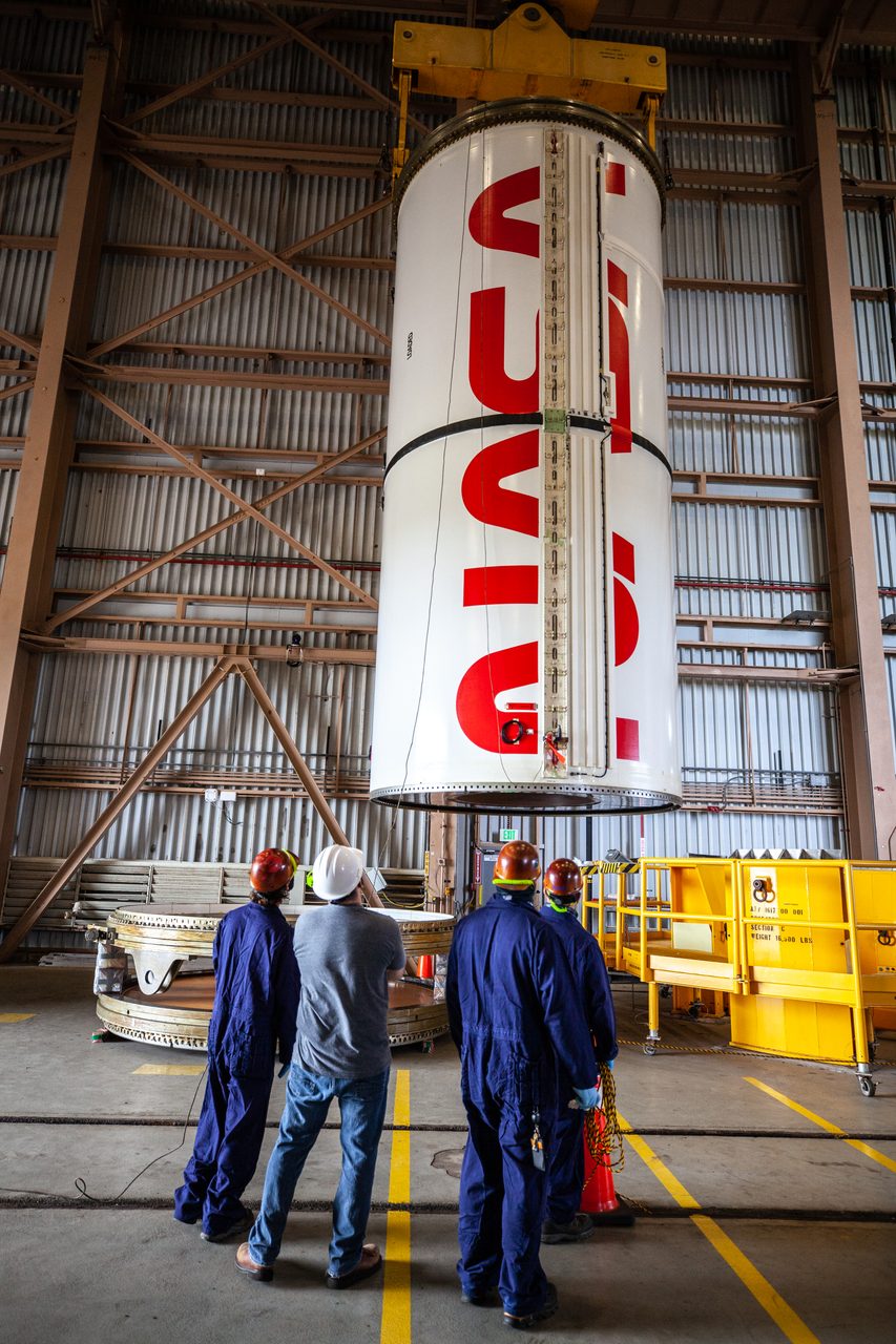 Close-up of NASA Worm Logo prominently displayed on rocket booster segments, symbolizing space exploration and innovation.