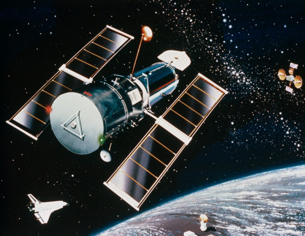 Artistic depiction of Hubble Space Telescope post-STS-31 deployment, highlighting its structure and position in space.