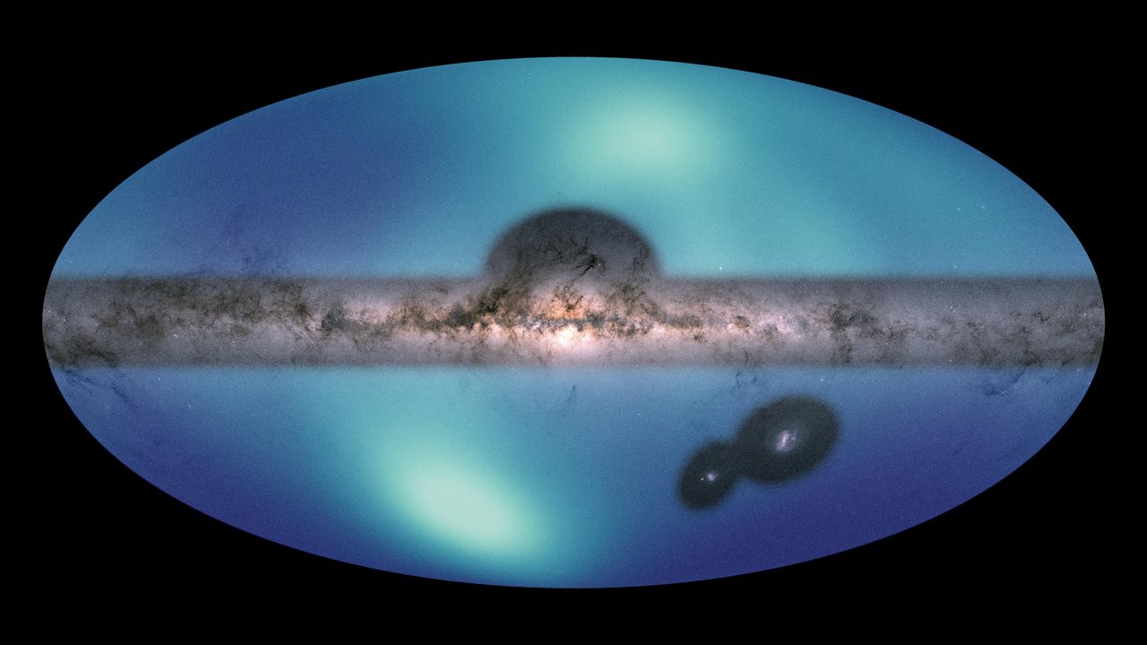 Overlay of Milky Way and Large Magellanic Cloud on galactic halo map, showing LMC's motion wake.