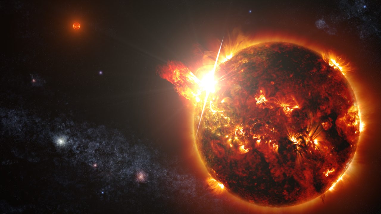 Illustration of NASA's Swift satellite detecting intense flares from a small star in deep space.