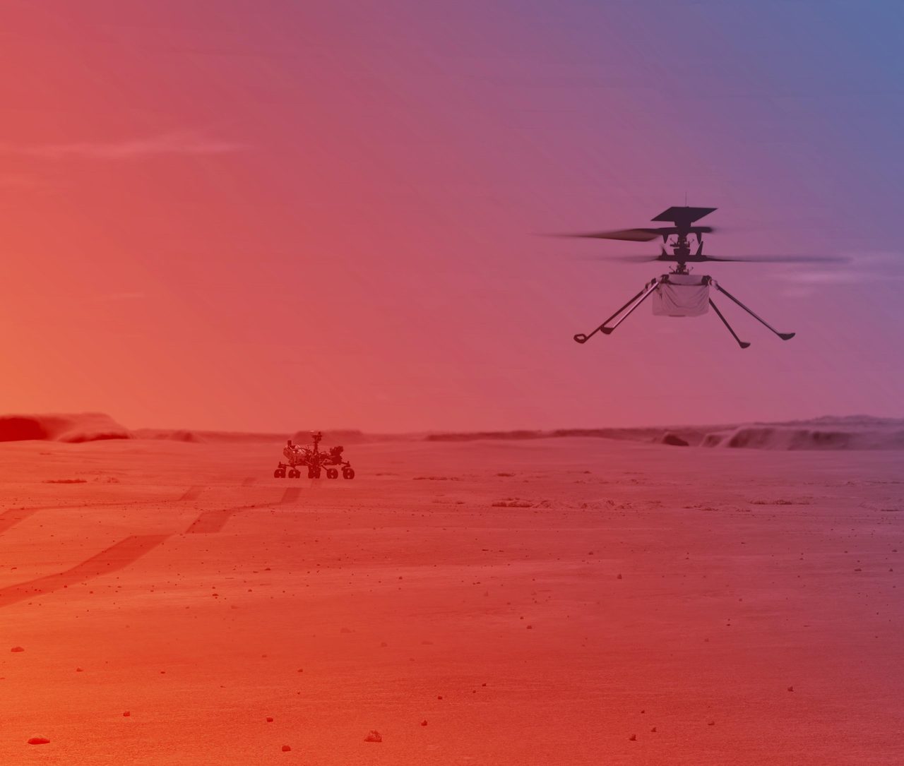 Illustration of NASA's Ingenuity Helicopter in flight above Mars' rocky, reddish terrain.