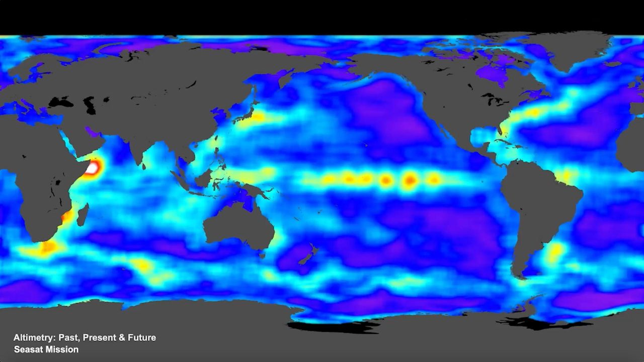 Animation illustrating advancements in satellite altimeters for detailed sea height measurements over four decades.