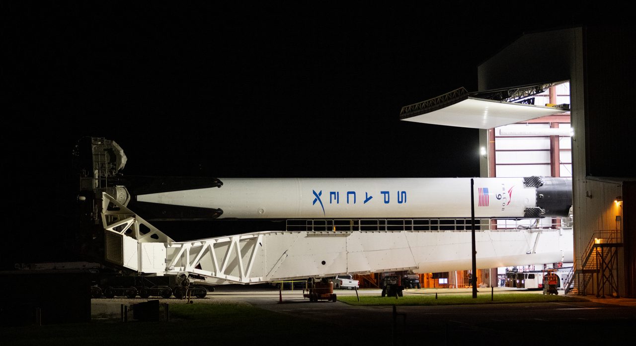 NASA's SpaceX Crew-5 Falcon 9 rocket and Dragon spacecraft being rolled out to Launch Pad 39A at Kennedy Space Center.