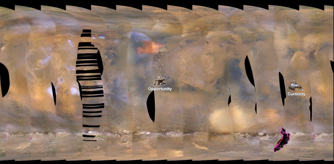 NASA's Mars Reconnaissance Orbiter captures a massive 2018 dust storm on Mars, with rover locations marked by icons.