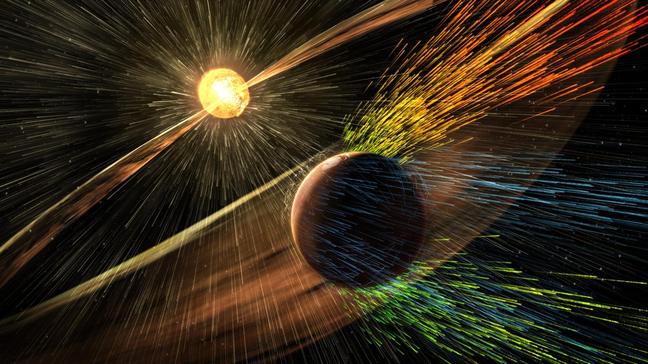 Illustration of a solar storm stripping Mars' atmosphere, highlighting processes studied by NASA's MAVEN mission.