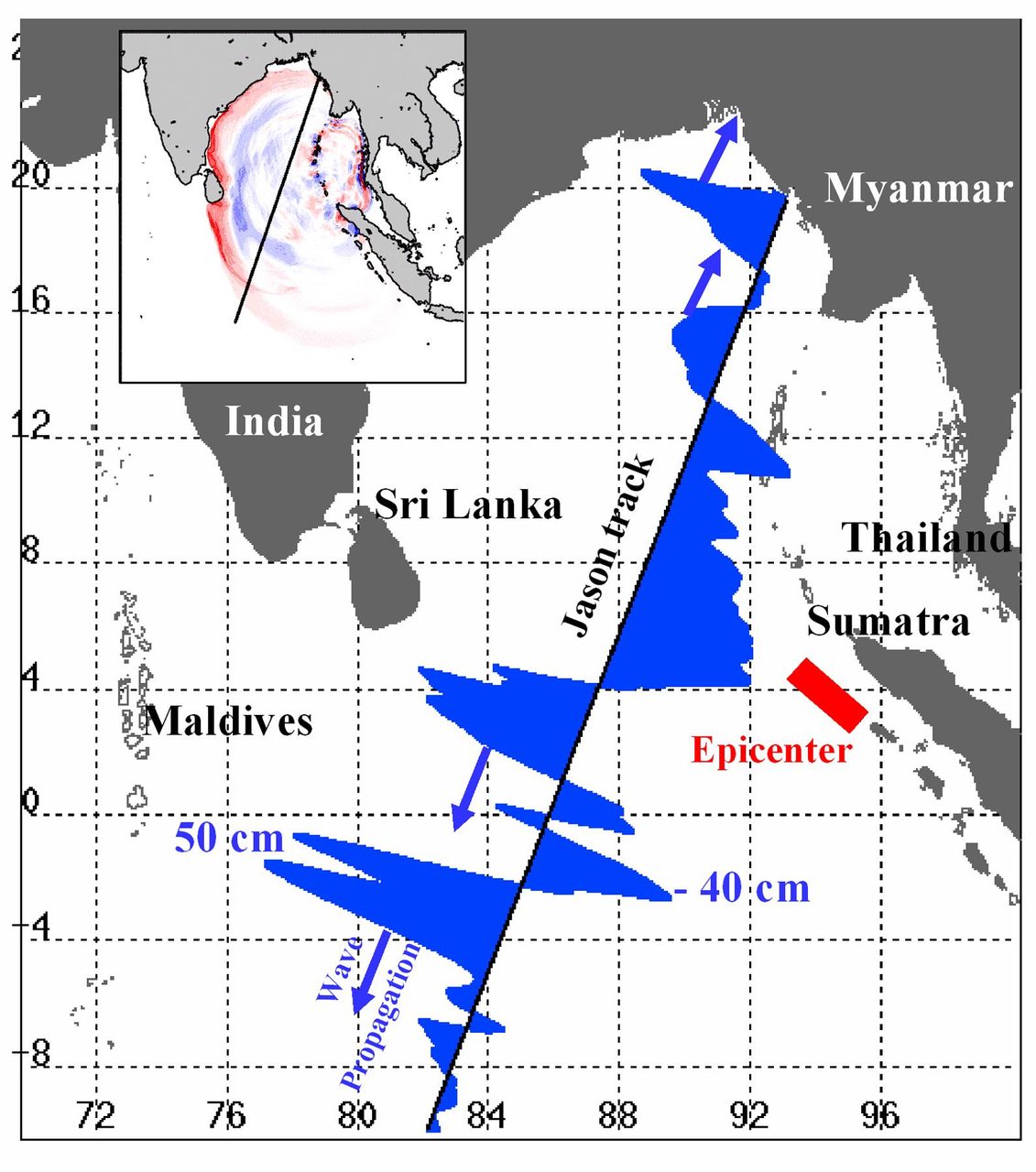 NASA Jason satellite data showing sea surface height changes after 2004 Sumatra earthquake and tsunami.