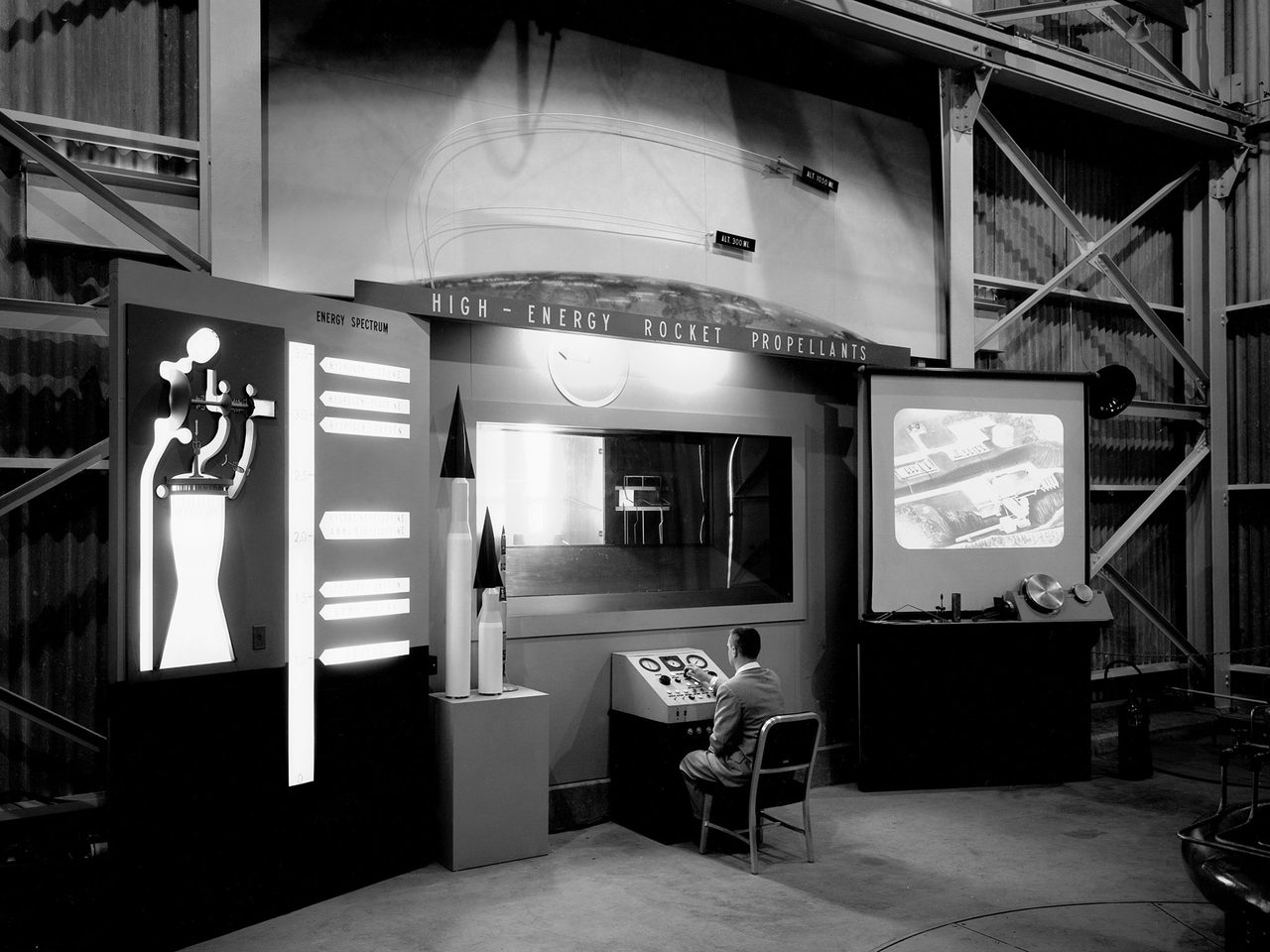 A speaker discusses rocket propellant technology at the 1957 NACA Lewis Inspection, with an audience of engineers and scientists.