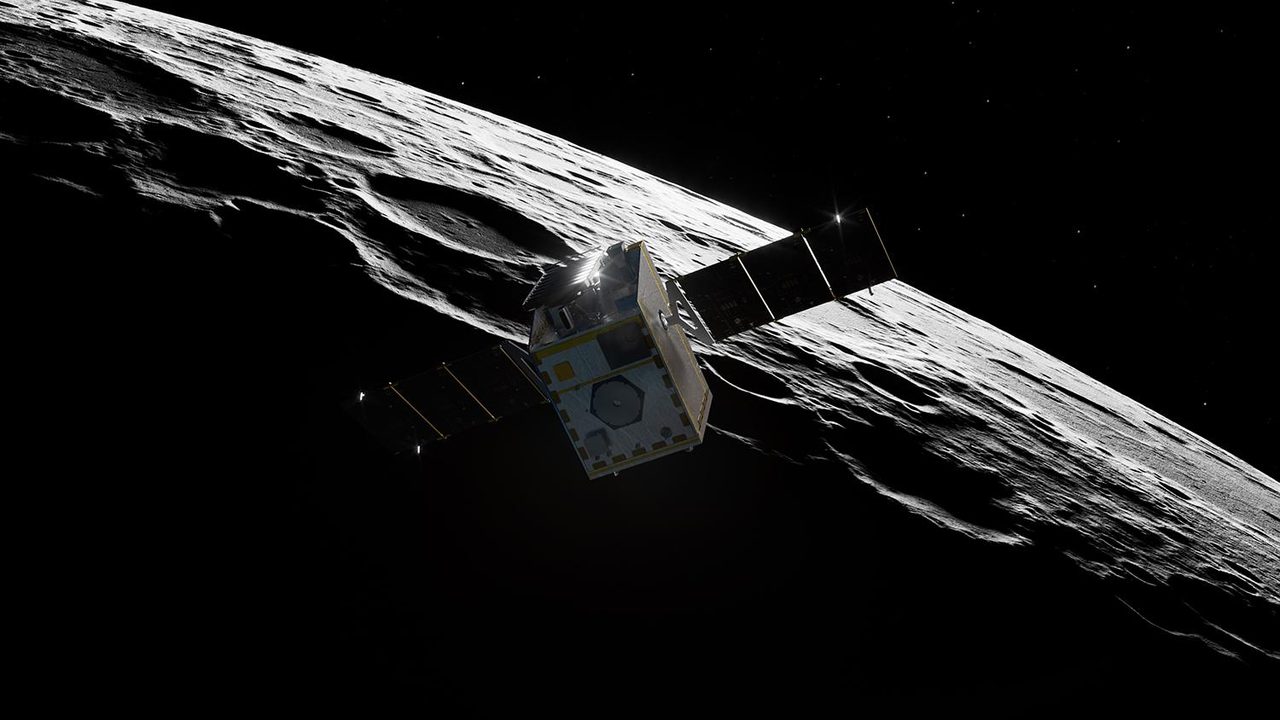 Artist's concept of NASA's Lunar Trailblazer spacecraft orbiting the Moon, preparing for scientific exploration.
