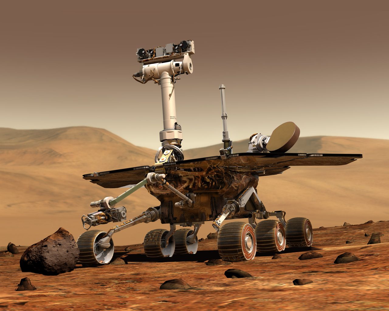 Artist's concept of NASA Mars Exploration Rover navigating Mars' barren, reddish terrain.