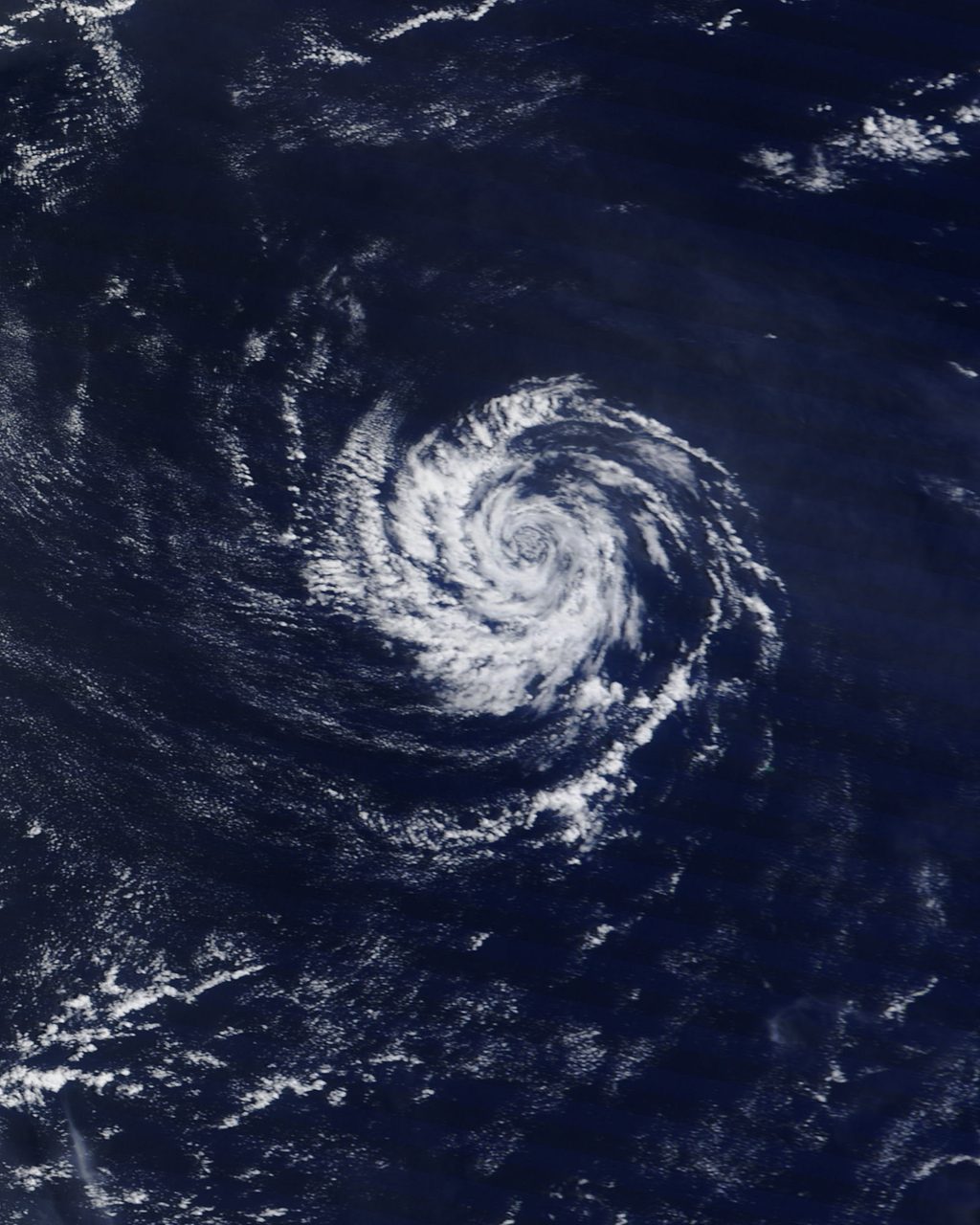 Satellite image of a compact typhoon swirling in the western Pacific Ocean.