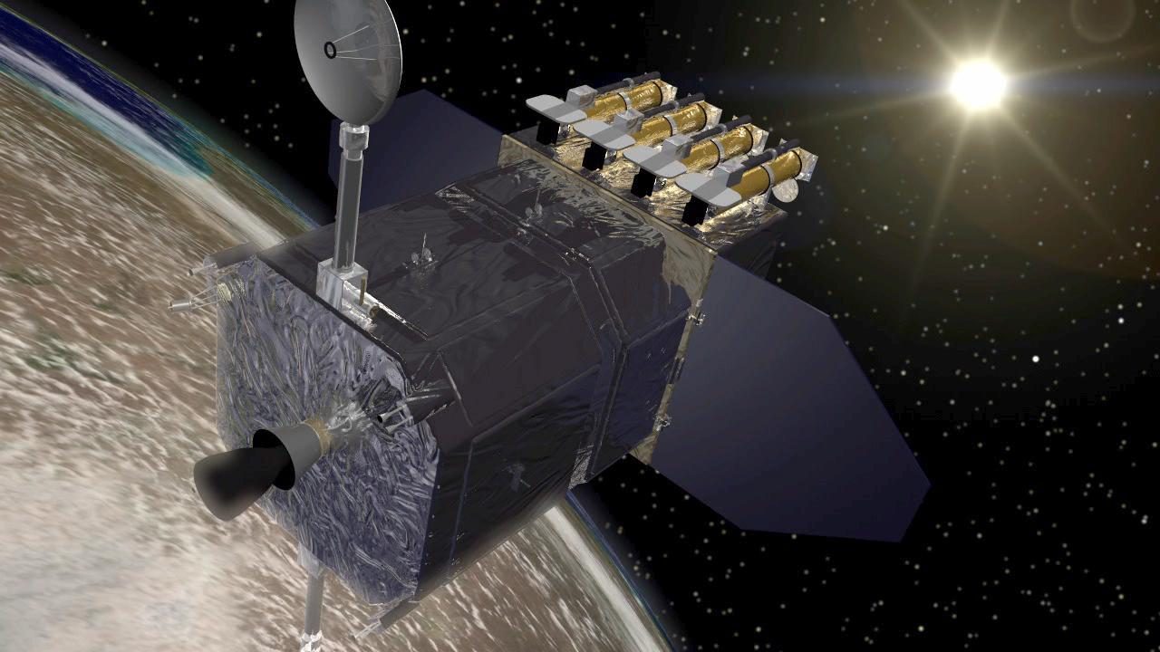 Illustration of the Solar Dynamics Observatory spacecraft orbiting Earth, facing the Sun to study solar influence.