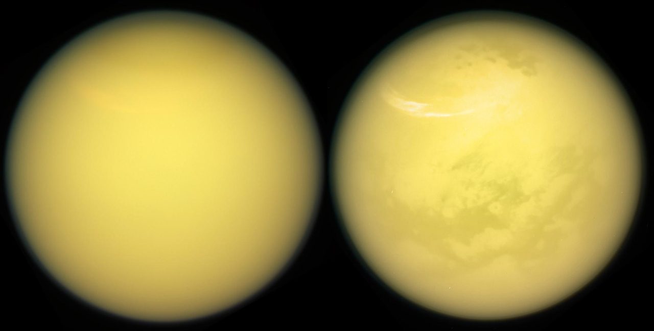 Two images of Saturn's moon Titan showing surface details captured by NASA's Cassini spacecraft.