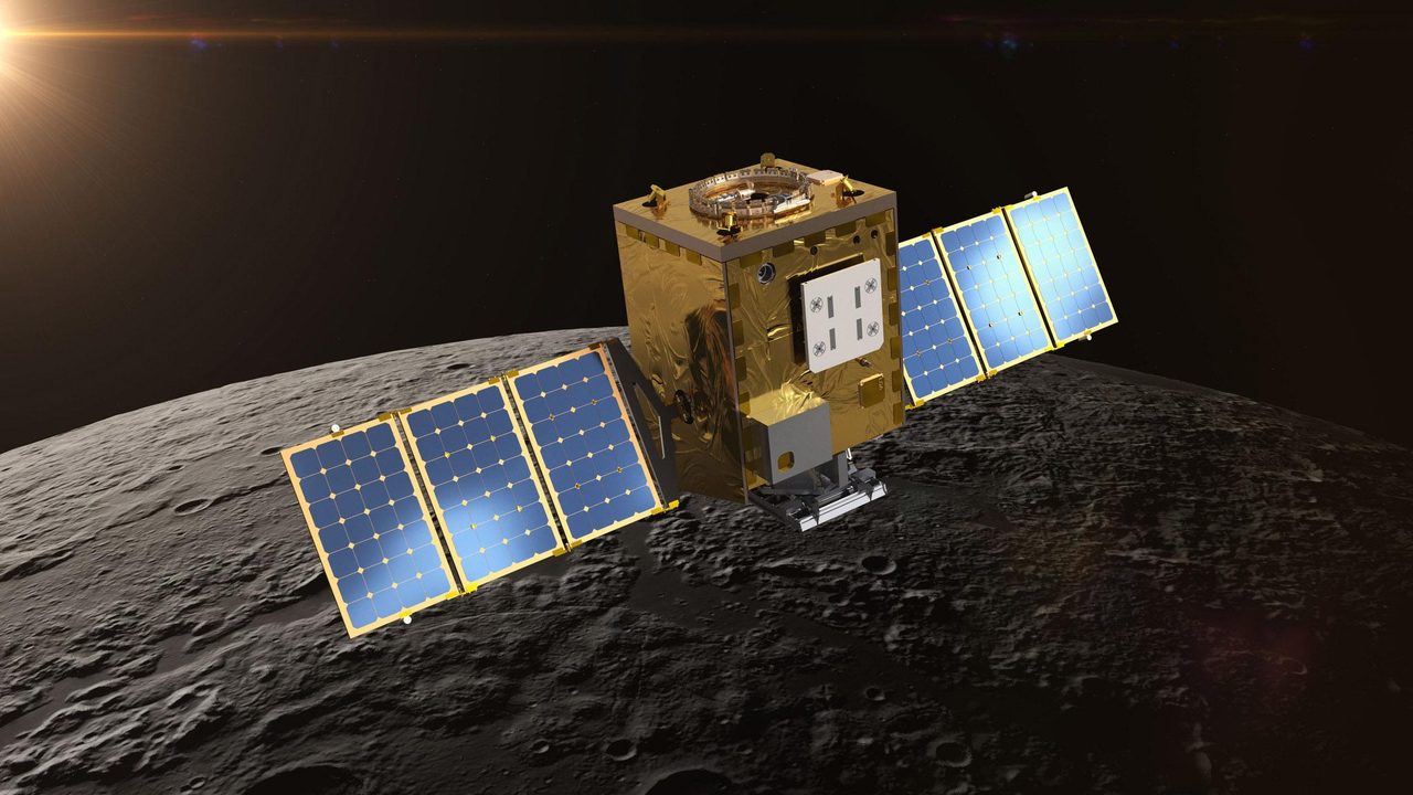 Lunar Trailblazer spacecraft analyzing Moon's shadowed regions for water ice and micro-cold traps using reflected light.