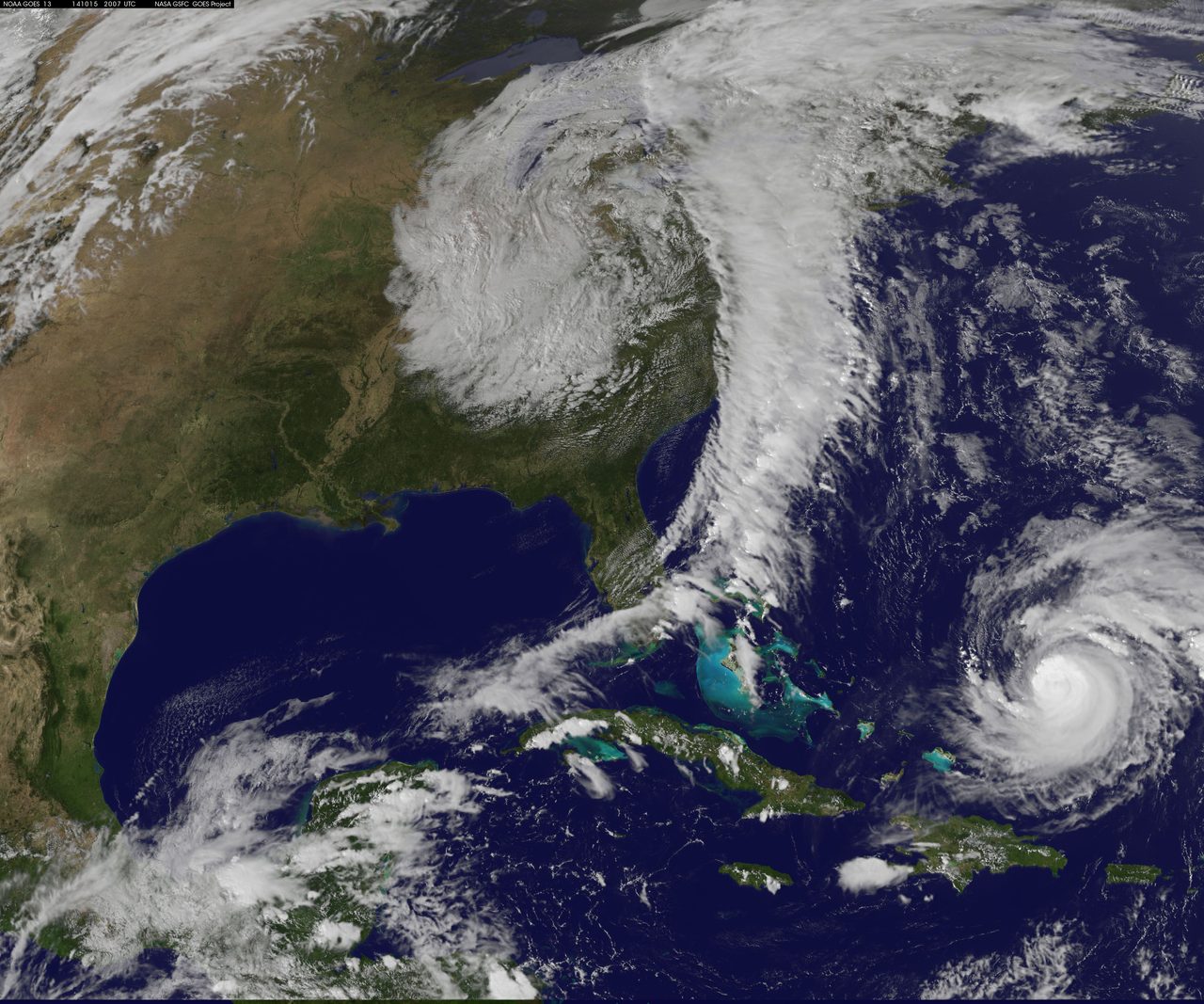 Satellite image captures Hurricane Gonzalo swirling over the Atlantic Ocean.