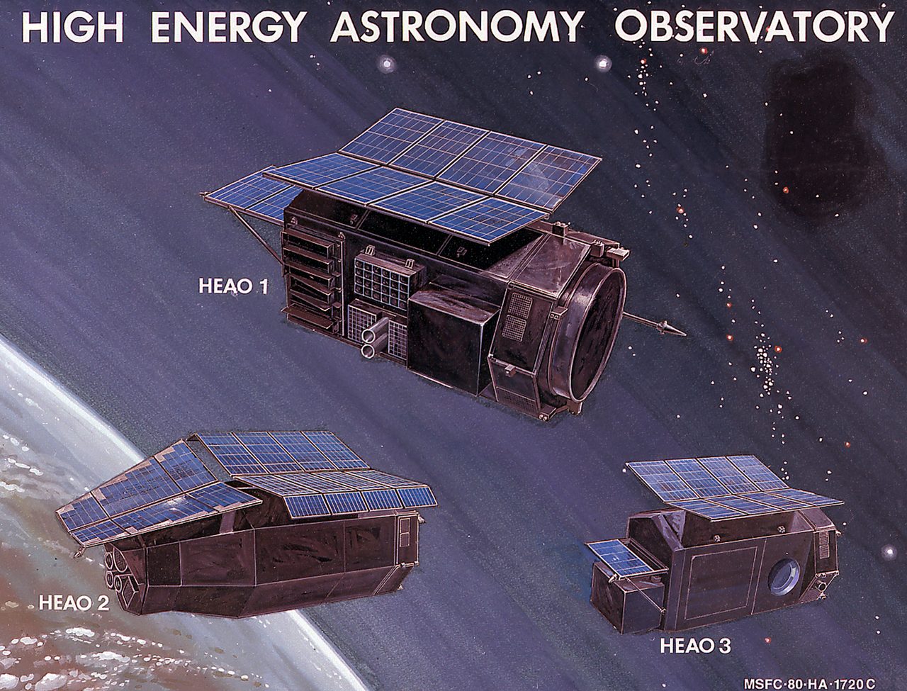 Illustration of the High Energy Astronomy Observatory satellite orbiting Earth, studying cosmic phenomena.
