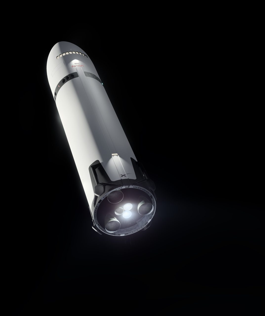 Artist's concept of SpaceX Starship HLS with Raptor engines firing during lunar descent.