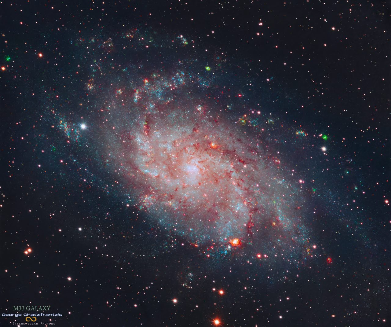 A detailed view of Messier 33, the Triangulum Galaxy, showcasing its spiral arms and bright star clusters.