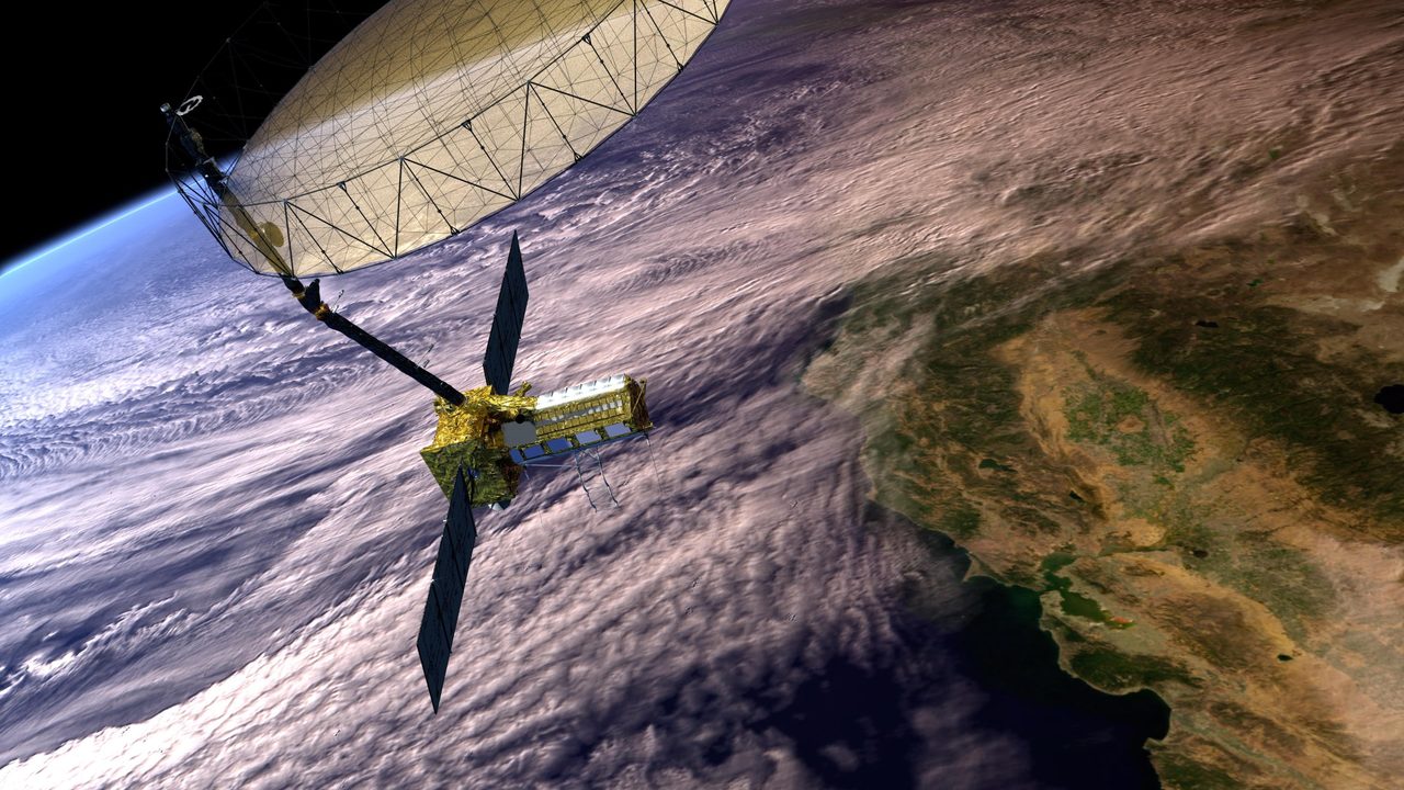 Artist's rendering of NISAR satellite orbiting Earth, showcasing its position over central and Northern California.