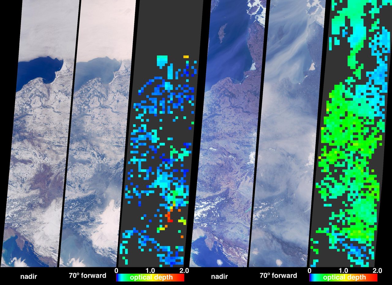 High aerosol pollution over Central and Eastern Europe detected by NASA Terra satellite in March 2003.