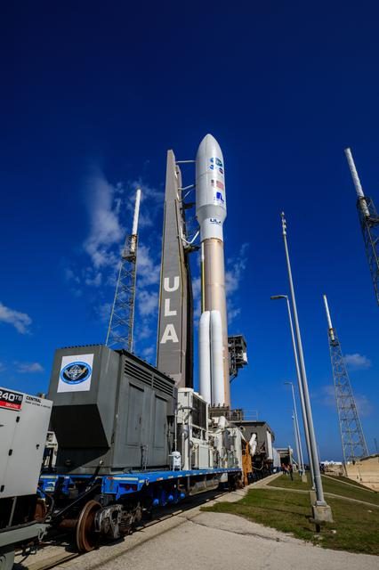 The GOES-T satellite being transported to the launch pad at SLC-41 under clear skies.