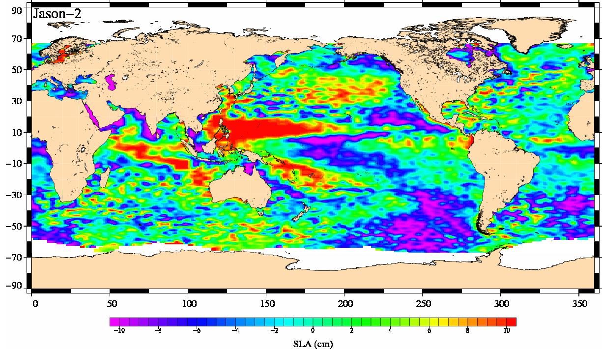 Ocean-observing satellite capturing recent sea level changes, highlighting climate impact and environmental monitoring.