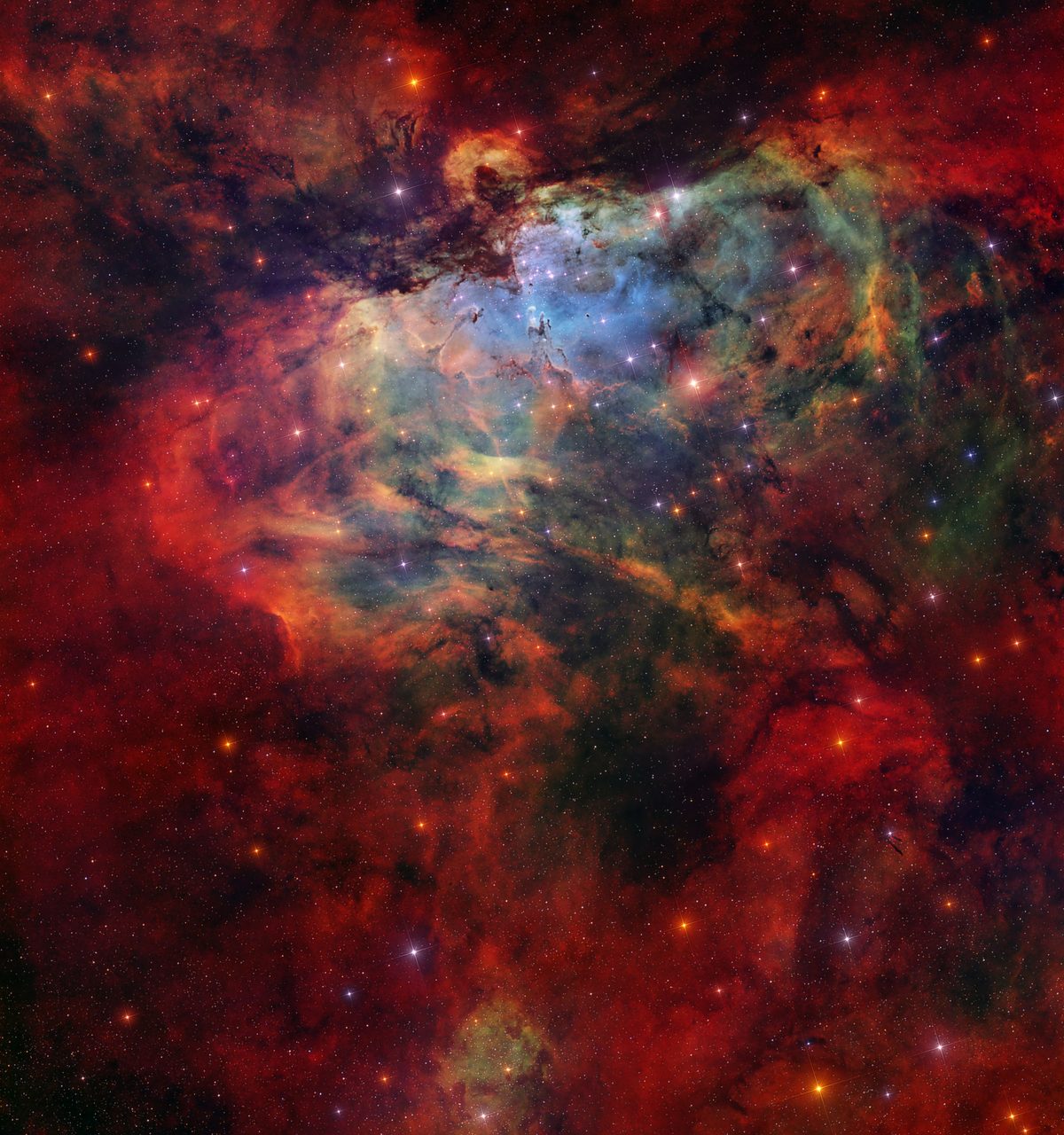 A vibrant cosmic scene featuring the Eagle Nebula with colorful gas clouds and star formations in deep space.