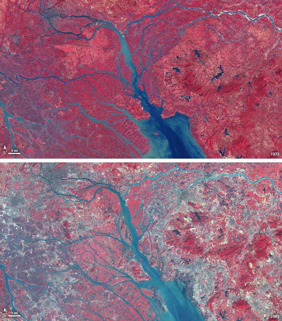 Aerial satellite image of the Pearl River Delta in China, showcasing waterways and urban development.