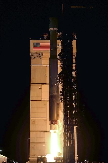 JPSS-2 and LOFTID satellites launching into space with fiery rocket trail.