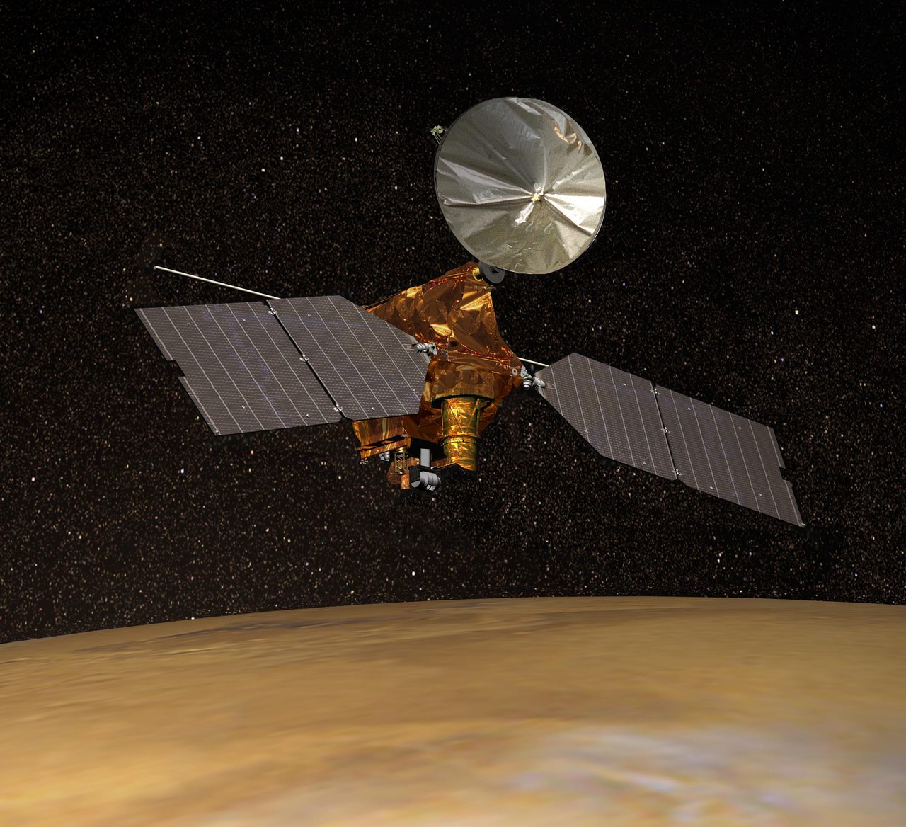 Illustration of Mars Reconnaissance Orbiter with solar panels extended in space.