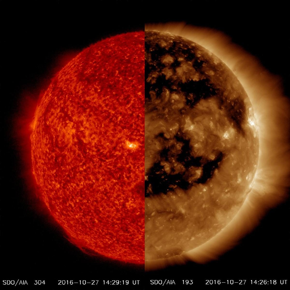 Comparison of solar coronal holes captured by NASA's Solar Dynamics Observatory, highlighting magnetic field activity.
