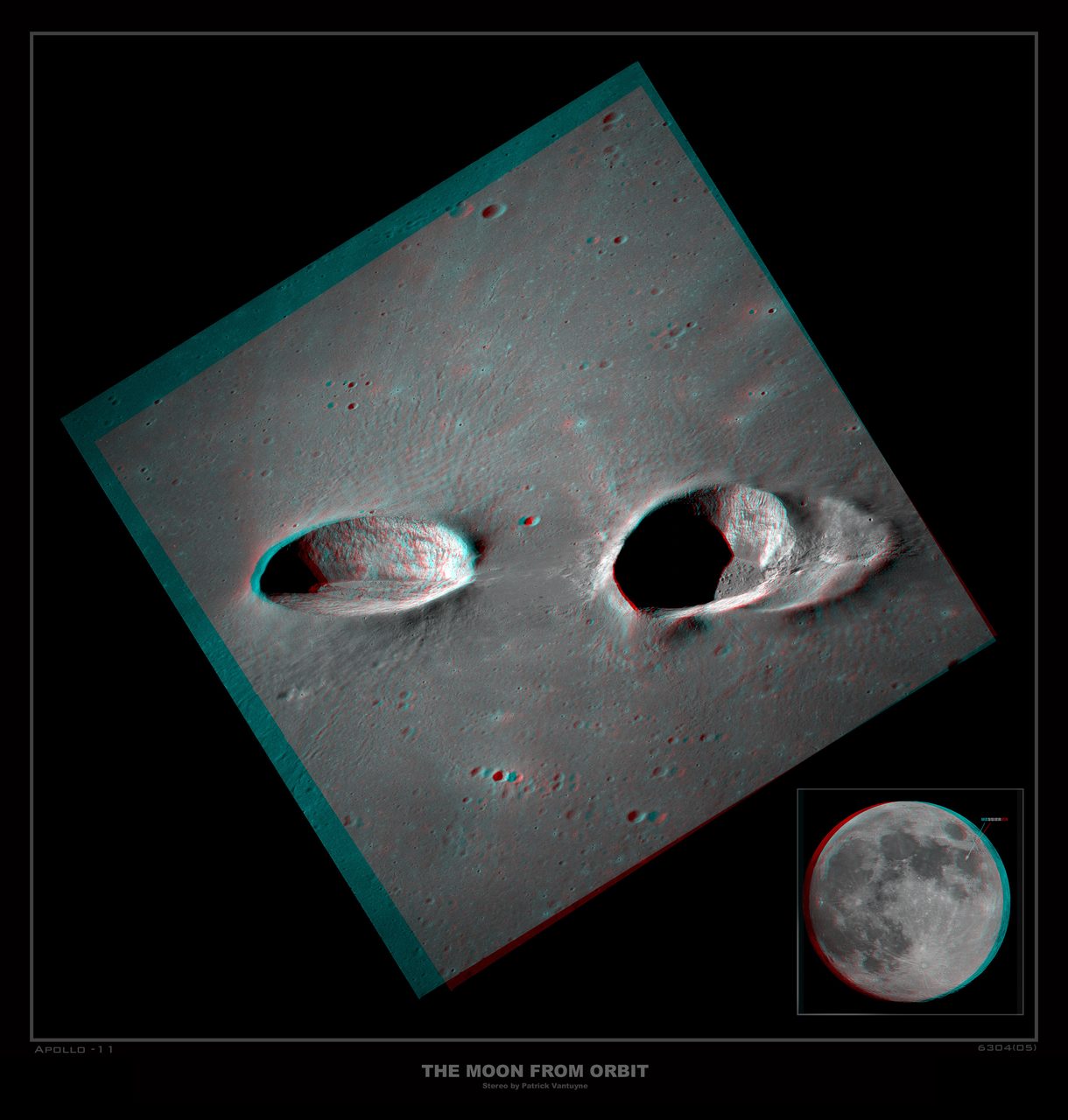 Stereo image of Messier Craters on the Moon, showcasing distinct elongated shapes and surrounding lunar surface details.