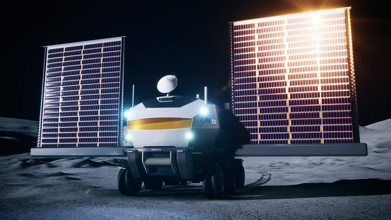 Illustration of a futuristic pressurized rover designed for extraterrestrial exploration on rugged terrain.