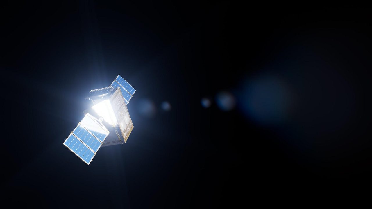 Artist's concept of Lunar Trailblazer orbiting the Moon, mapping lunar water distribution.