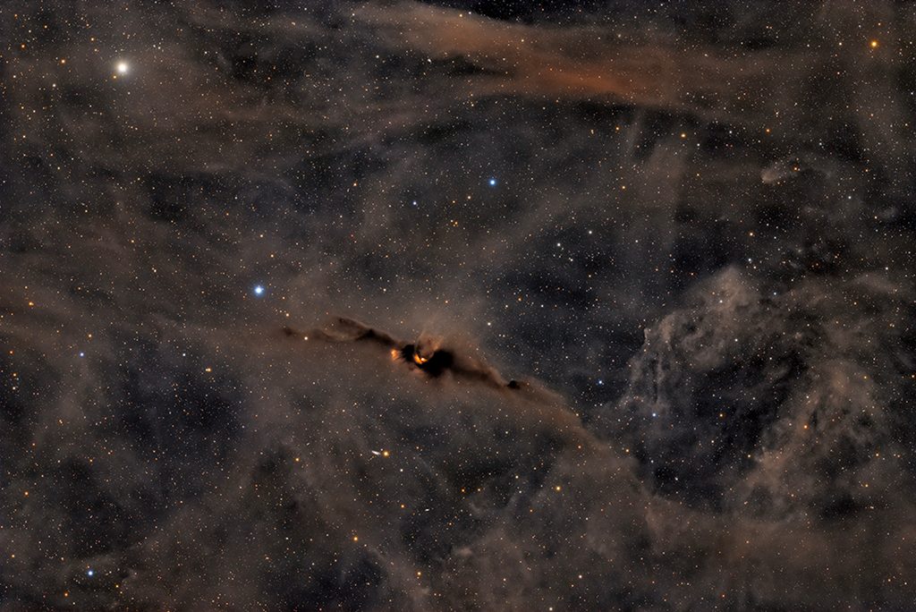 A vibrant red Cosmic Bat Nebula with intricate star patterns and swirling gas clouds in deep space.