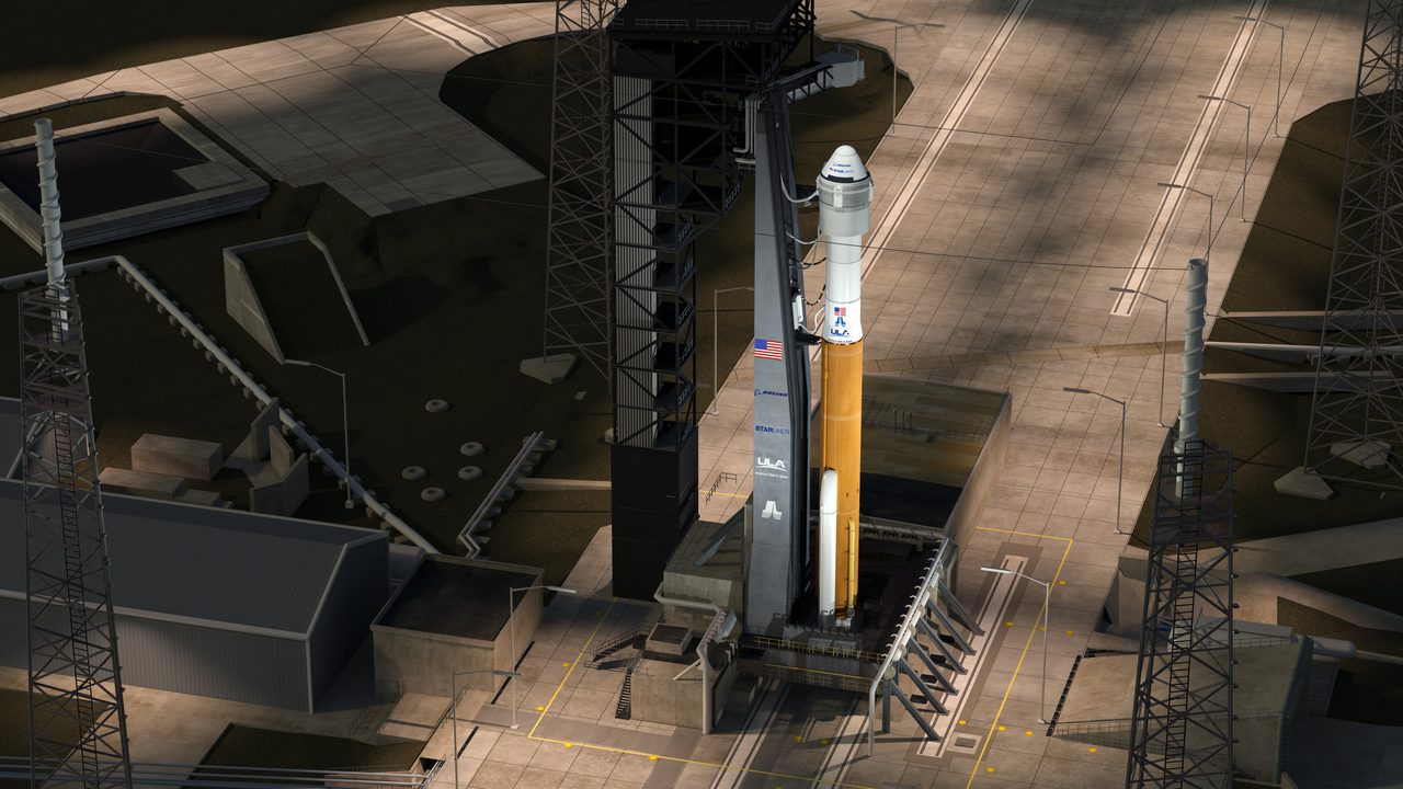 Digital illustration of Boeing CST-100 Starliner and ULA Atlas V rocket at launch pad 41 under a clear sky.