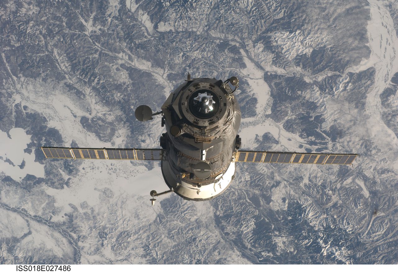 Progress 31P spacecraft separating from the International Space Station during Expedition 18.