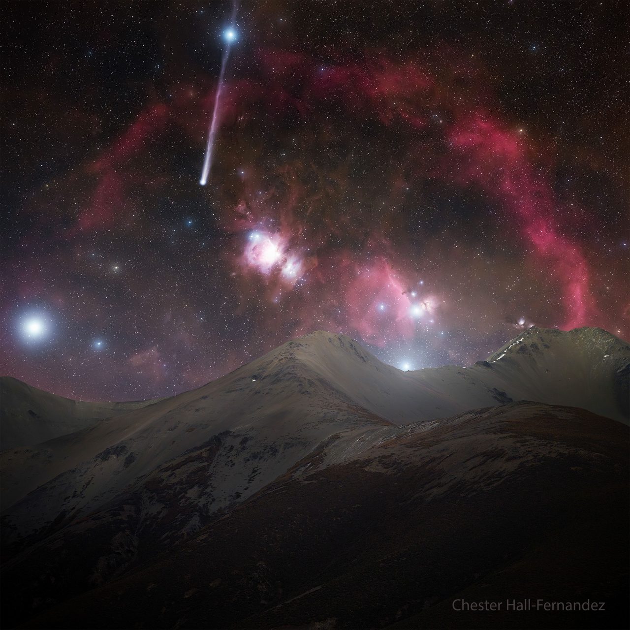 Bright comet R3 PanSTARRS with a glowing tail, set against a starry Orion constellation backdrop.