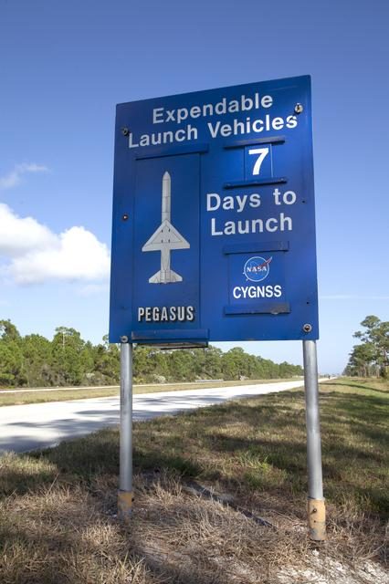 Pegasus XL rocket with countdown sign for CYGNSS mission launch