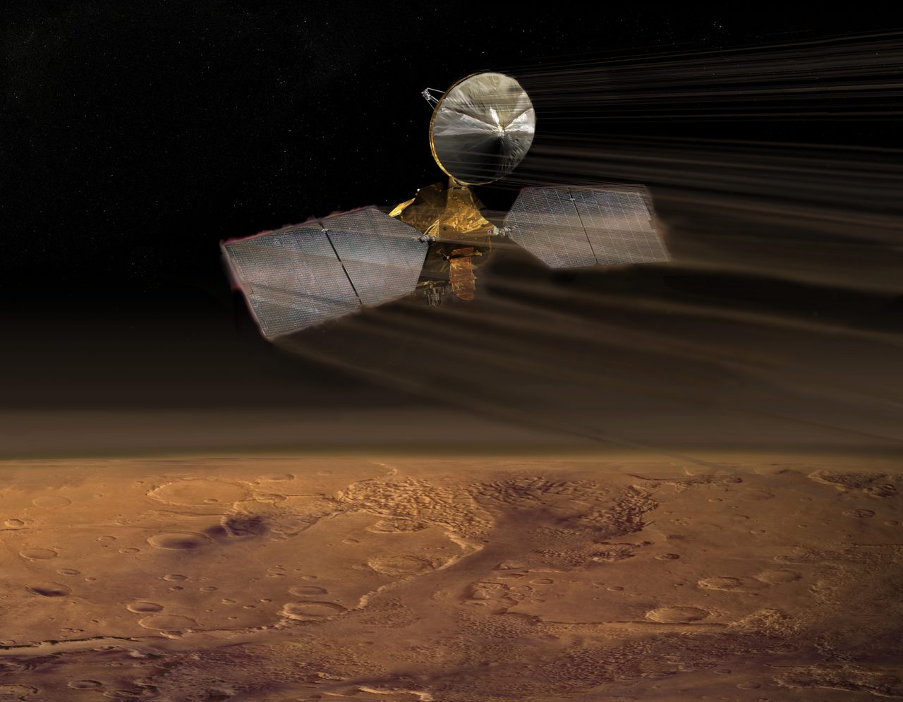 Artist's depiction of Mars Reconnaissance Orbiter adjusting orbit through Martian atmosphere aerobraking.