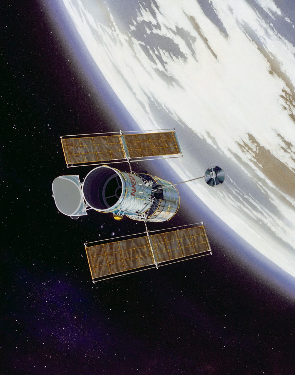 Illustration of Hubble Space Telescope orbiting Earth, showcasing its solar panels and main body against a starry backdrop.